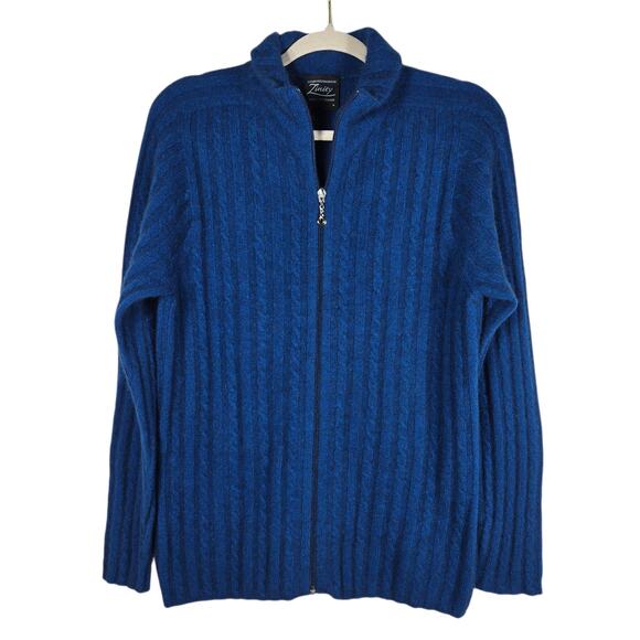 Zinity Sweater Womens Medium Blue Full Zip Cable Knit Possum Merino Made in NZ - Picture 1 of 11